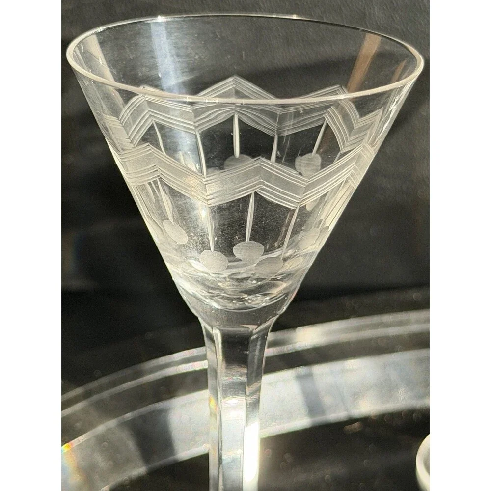 Set of 5 Vintage Art Deco Etched Crystal Cocktail/Sherry Glasses